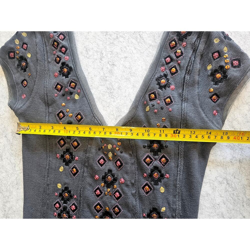 Free People Rich in Embroidery Mini Dress/ Gray, Sequins, Mesh Trim, New, Sz S - Picture 10 of 12